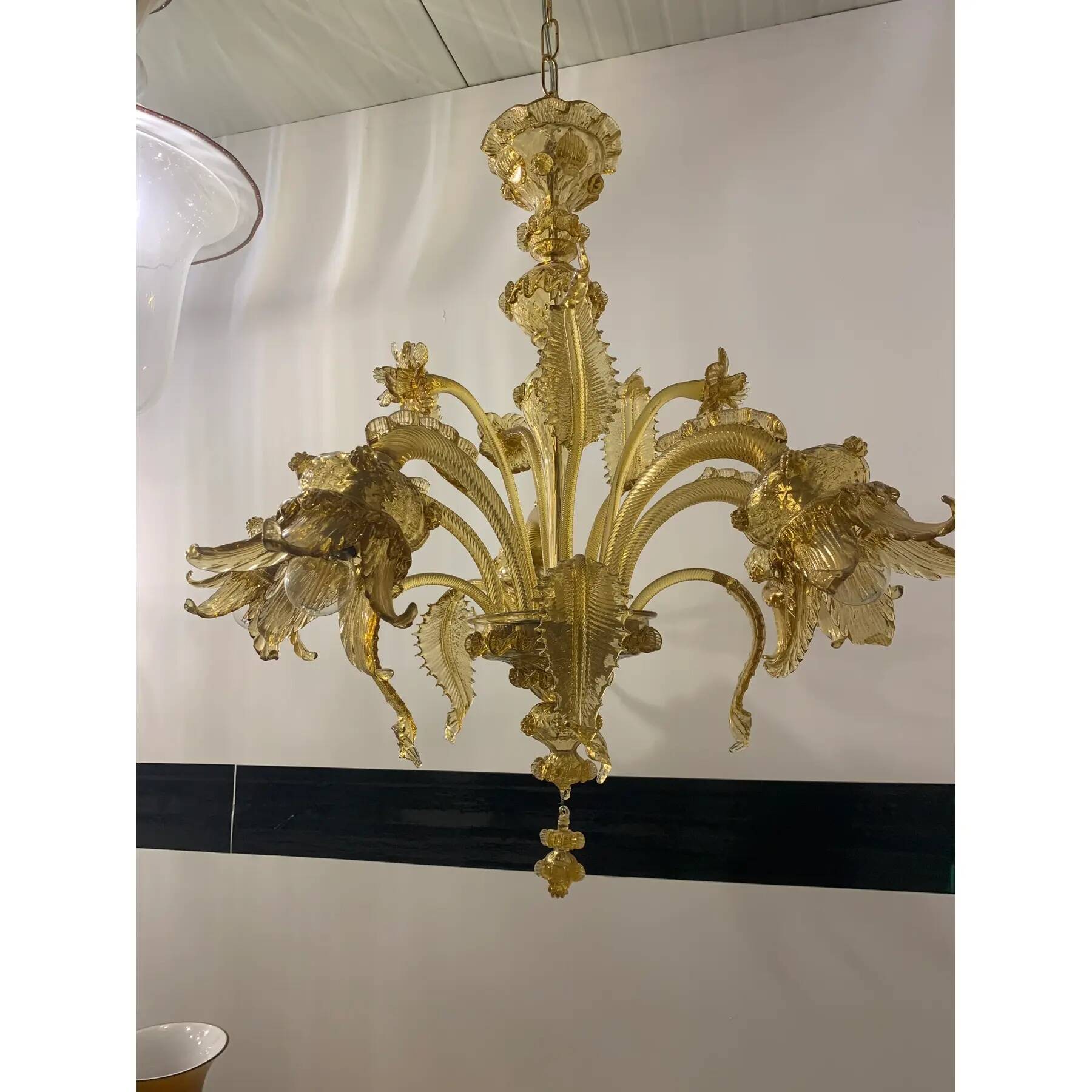 Murano Glass Chandelier, Amber, with Floral and Leaf Accents