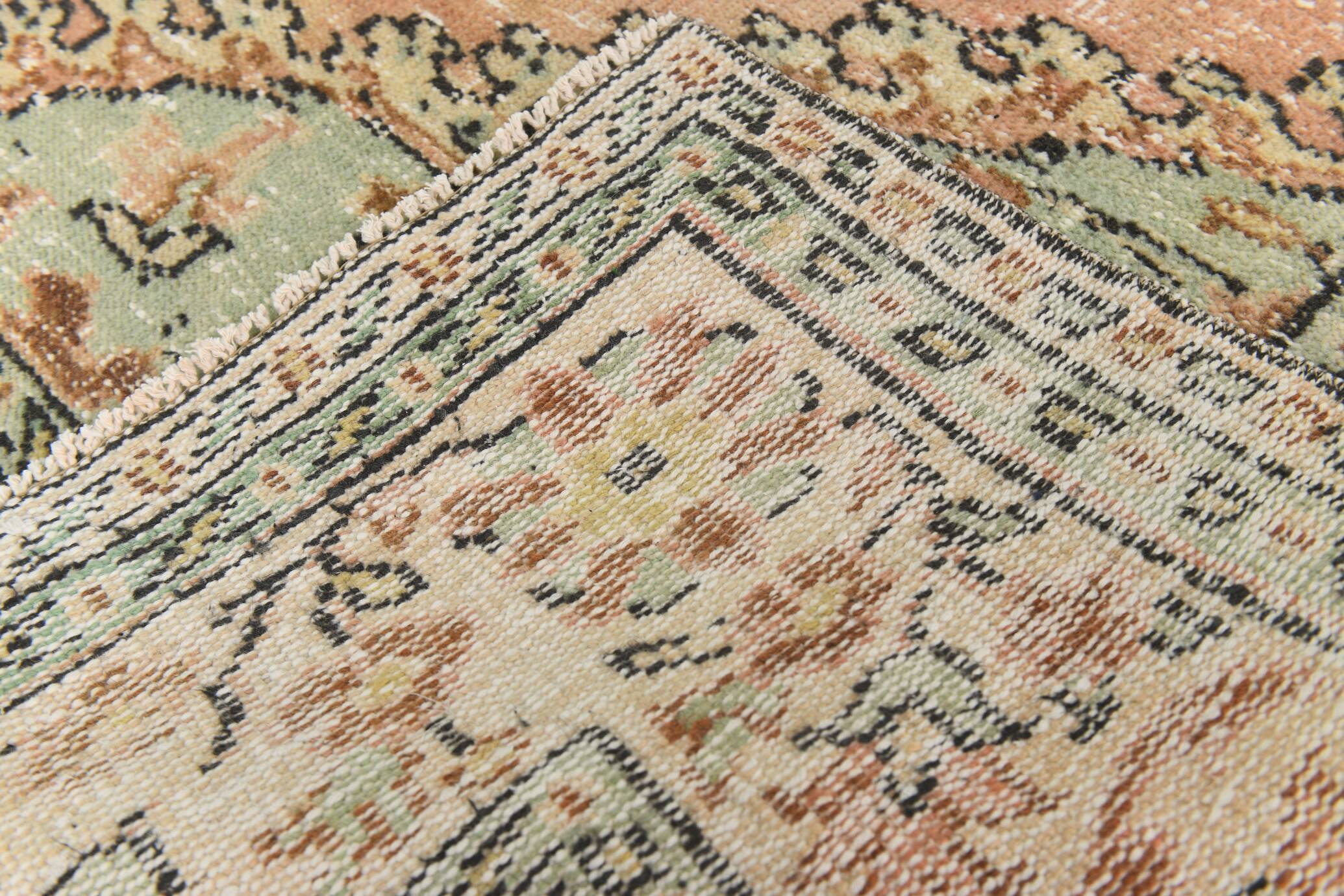 Tapis Vintage Anatolien Rose Poudré, Vert Sauge et Bleu, Fait Main, 191x286 Cm