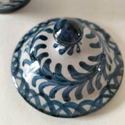 Fajalauza earthenware sugar bowl with handles, Granada, Spain, circa 1970