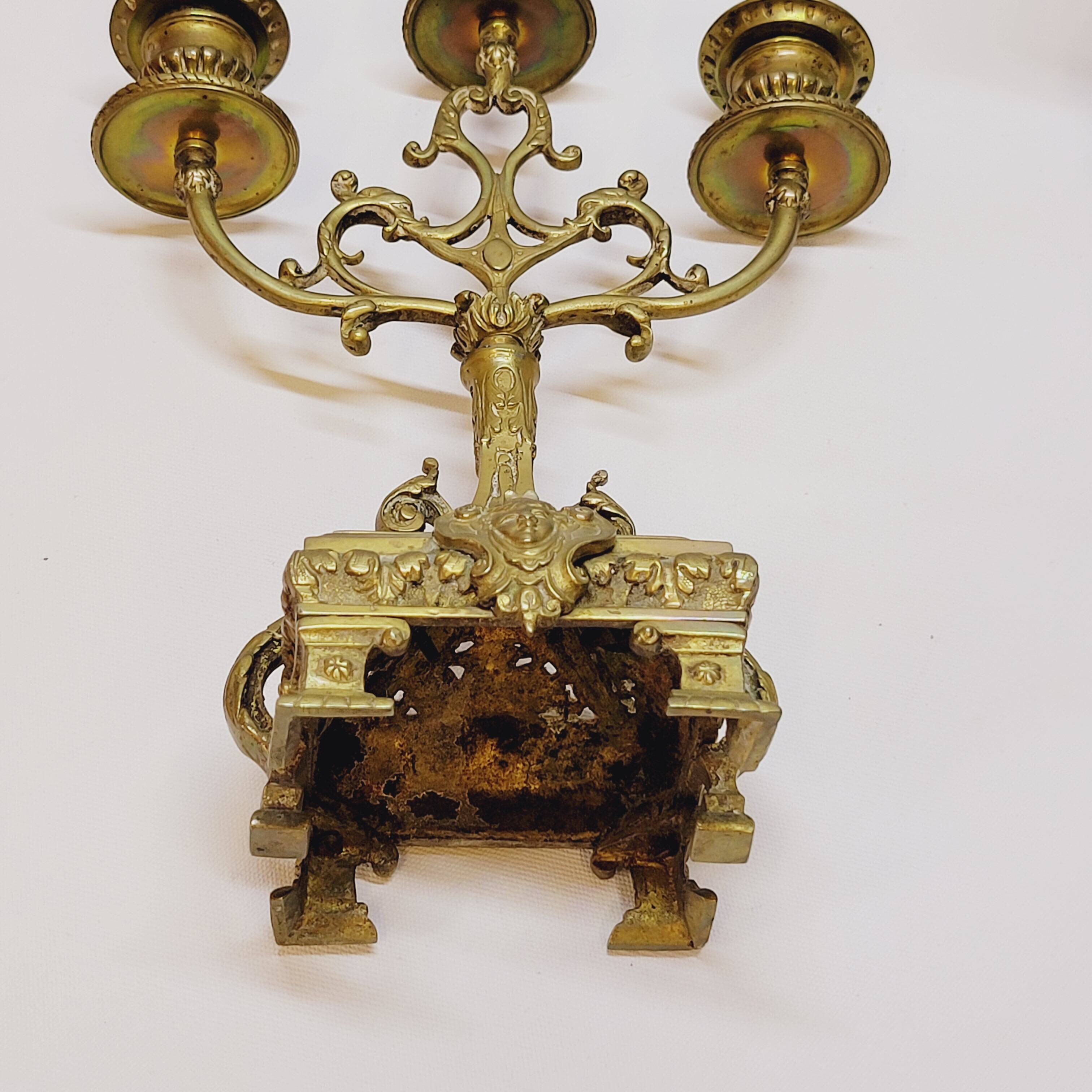 Old pair of 3 branched brass candlesticks
