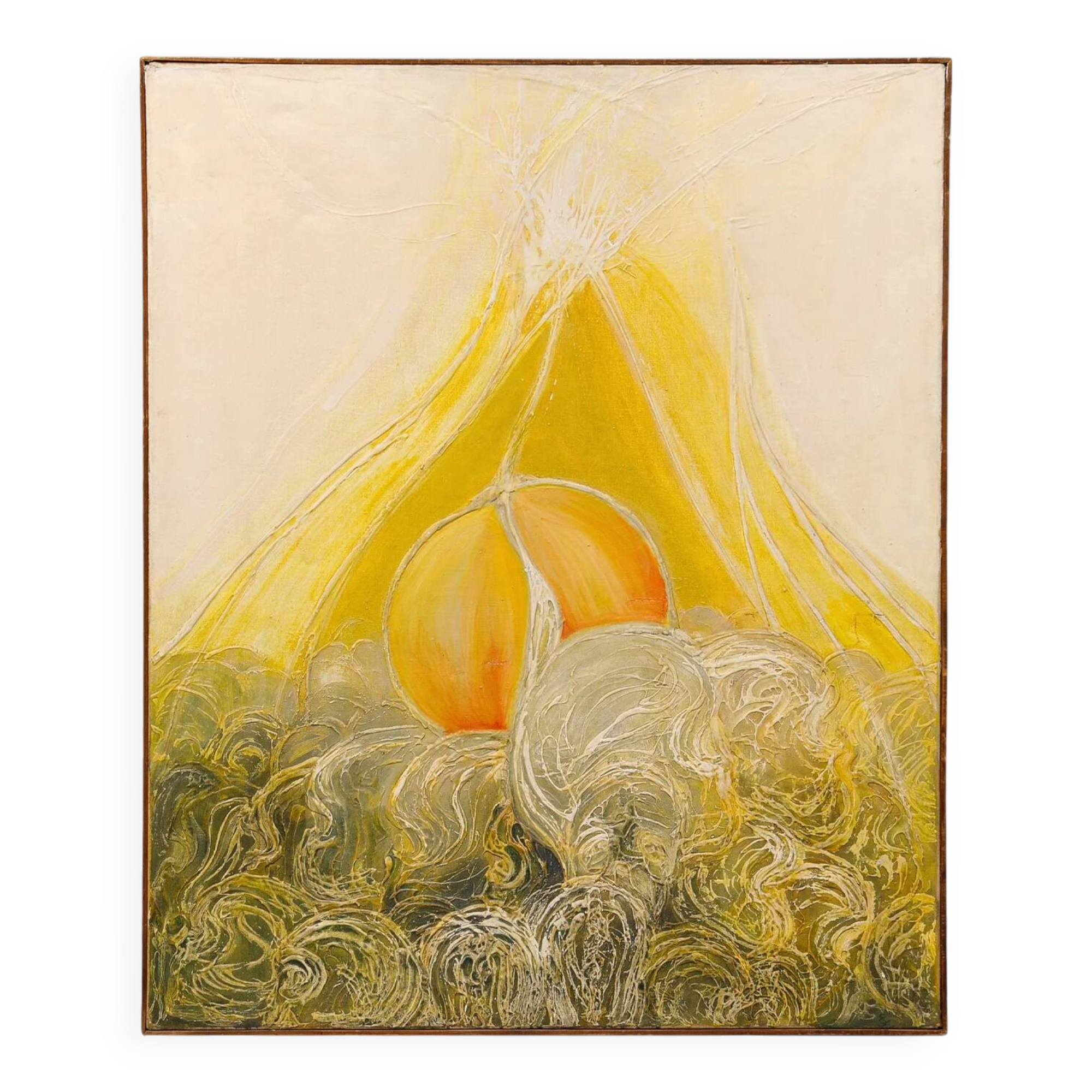 Vibrant mid-century oil painting Mount Fuji at sunset