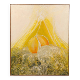 Vibrant mid-century oil painting Mount Fuji at sunset