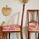 Duo of antique wooden chairs seated redone