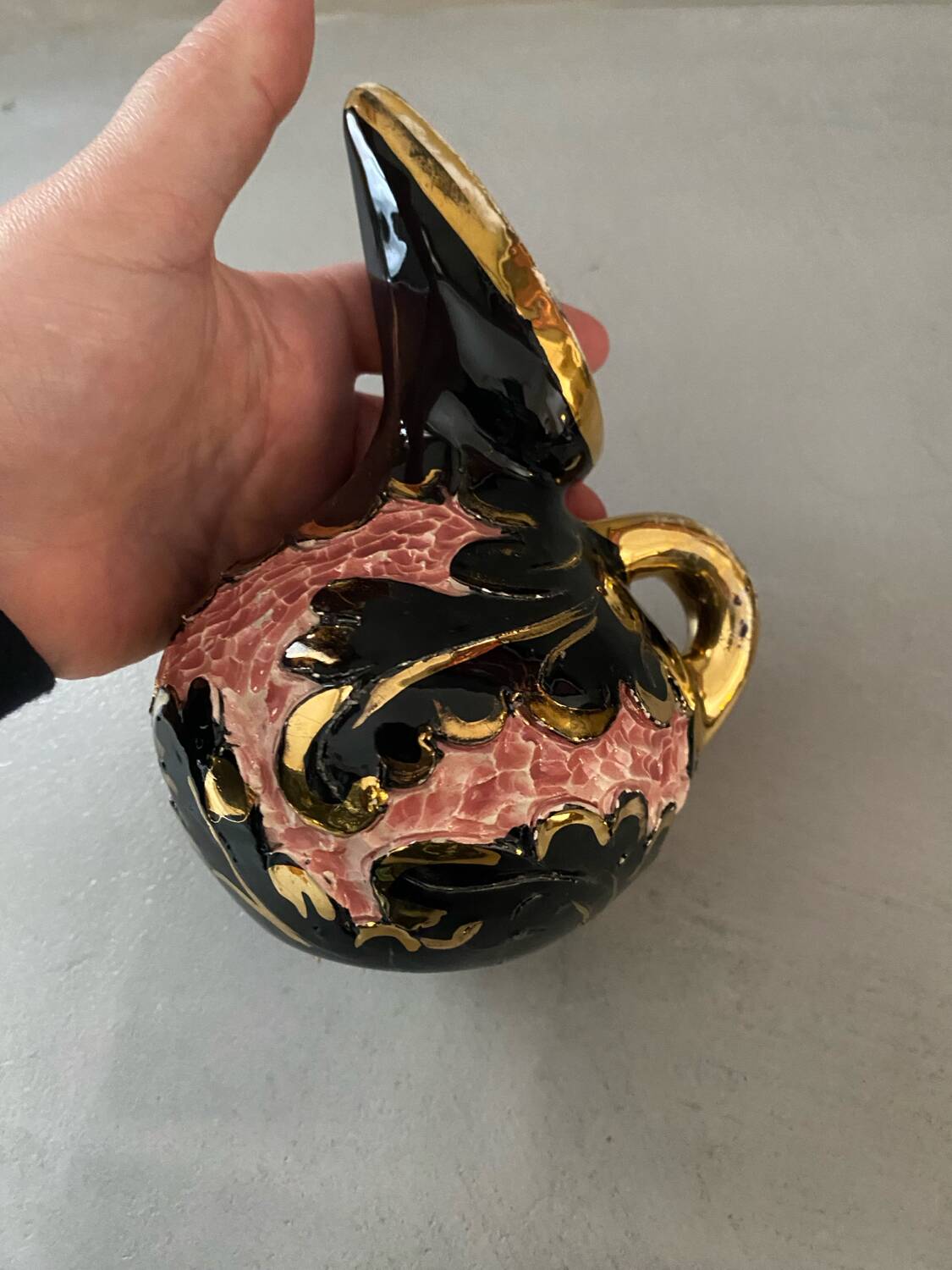 Vallauris vase or Monaco ceramic handmade black pink and gold