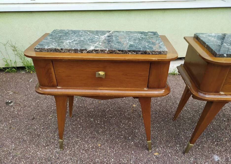 Set of 2 black white marble wood bedside tables with compass legs