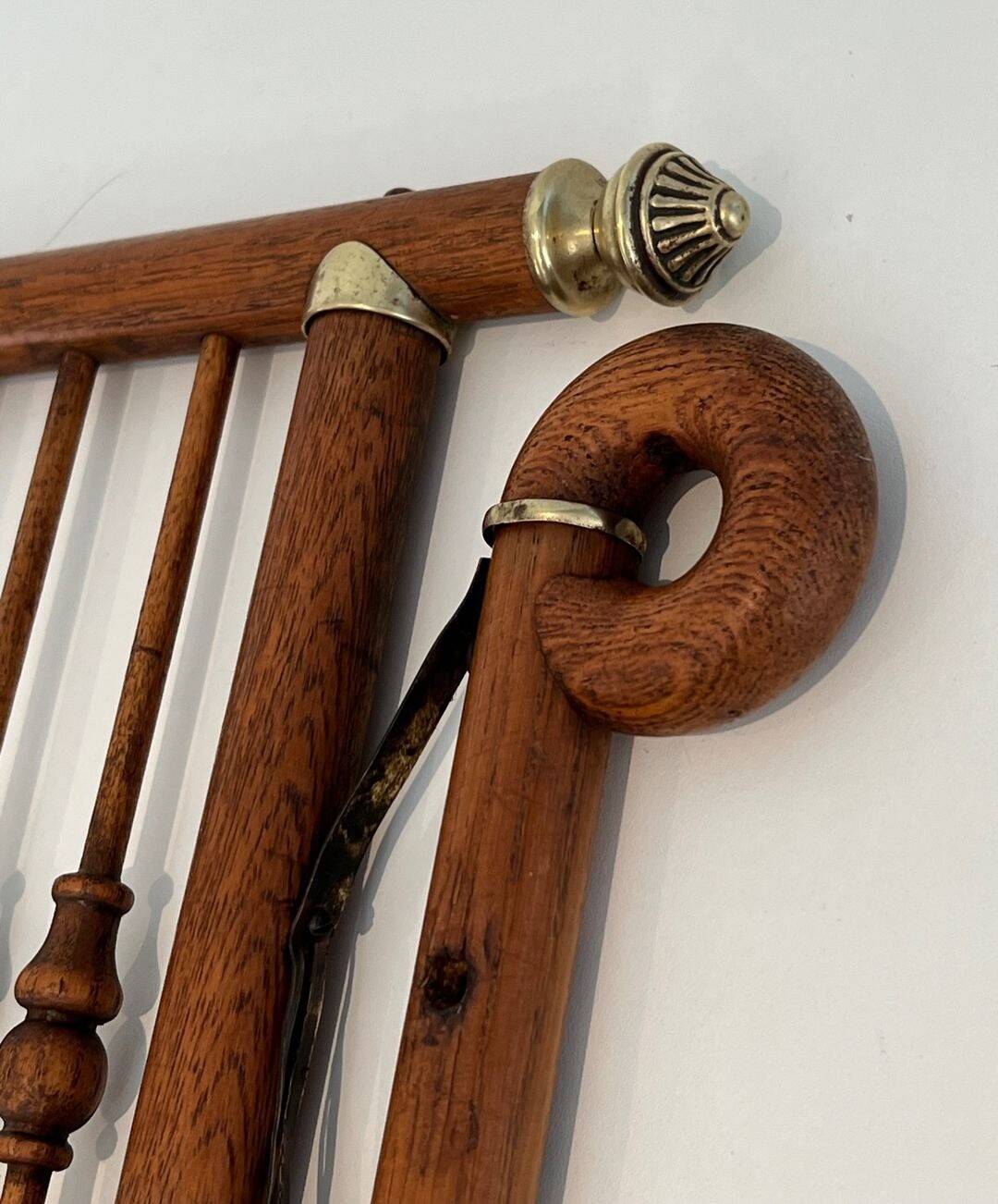 Curved Wooden and Brass Wall Coat Rack, Arts & Crafts, Austria, glass