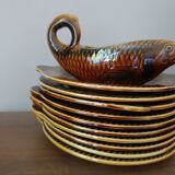 Fish-shaped plates and zoomorphic gravy boat, Sarreguemines earthenware