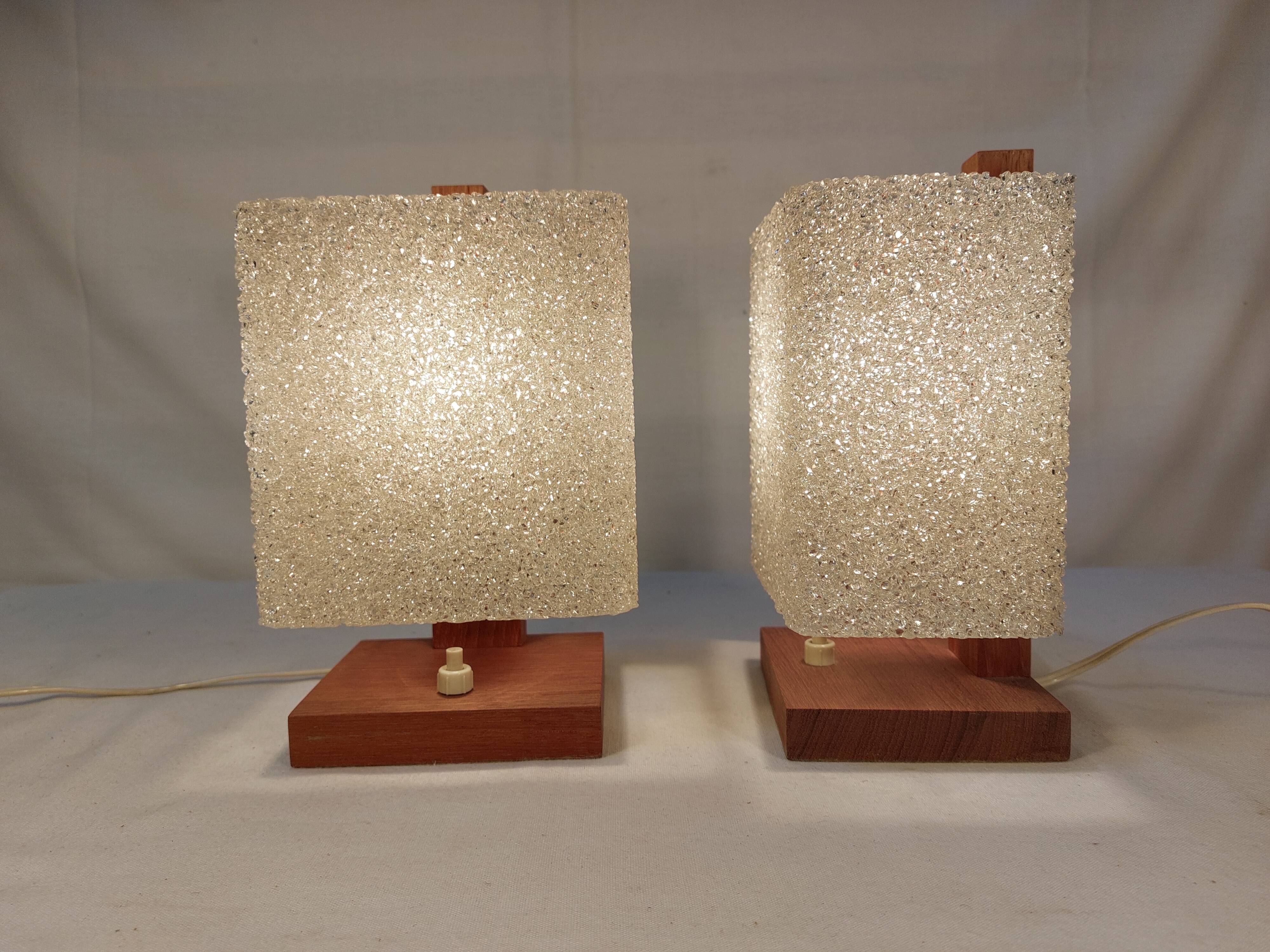 Pair of vintage Scandinavian table lamps in teak and Perspex