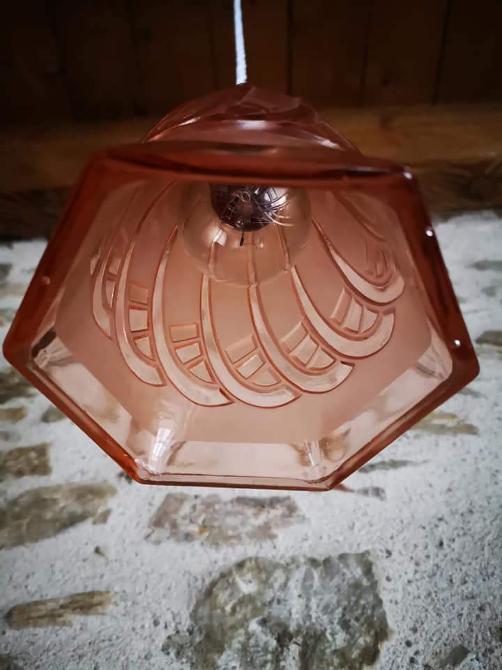 Baladeuse tulipe pâte de verre pressée moulée rose/bronze art déco art nouveau 1920