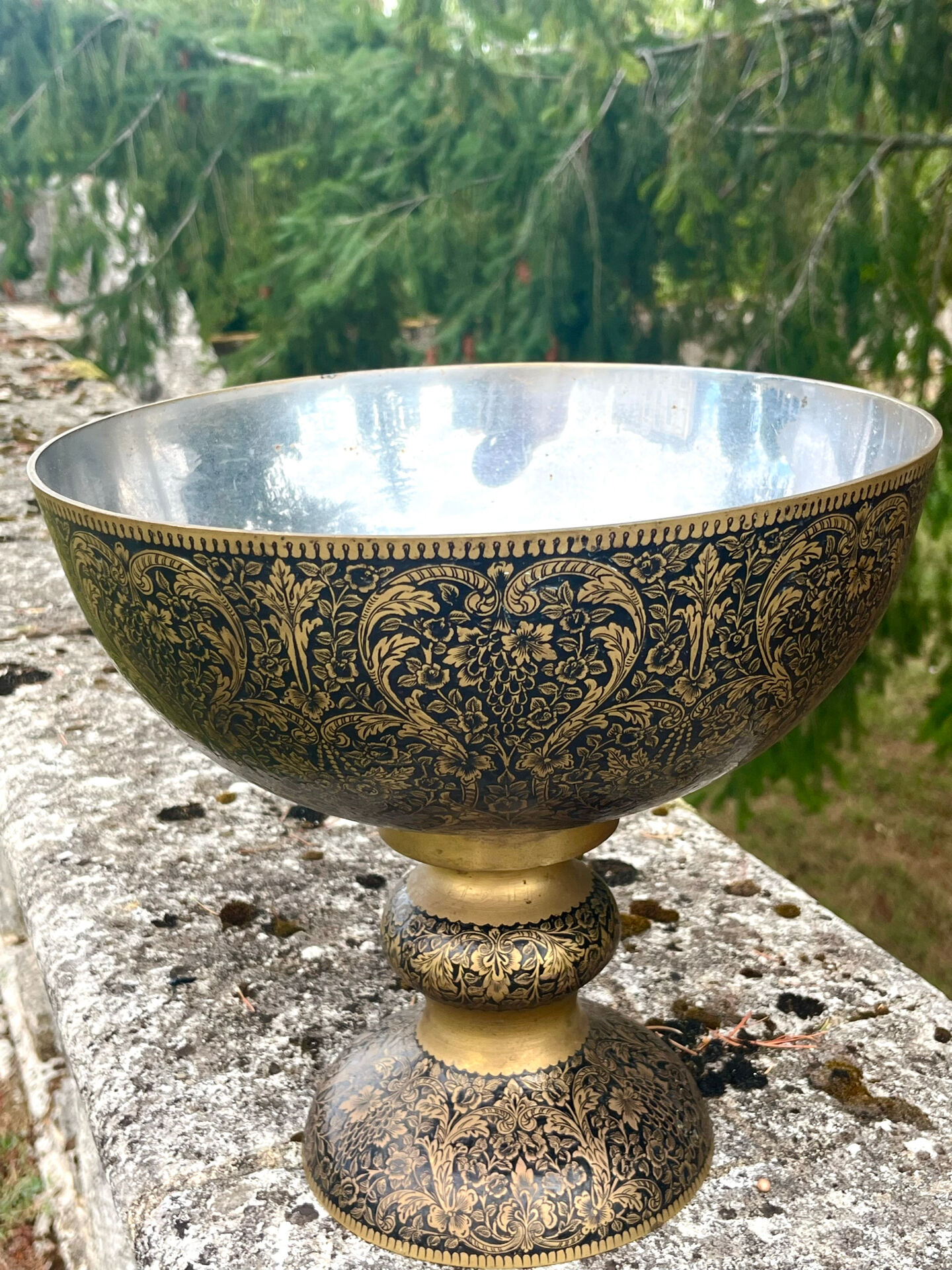 Ornate Floral Pedestal Champagne Cooler, brass ice bucket