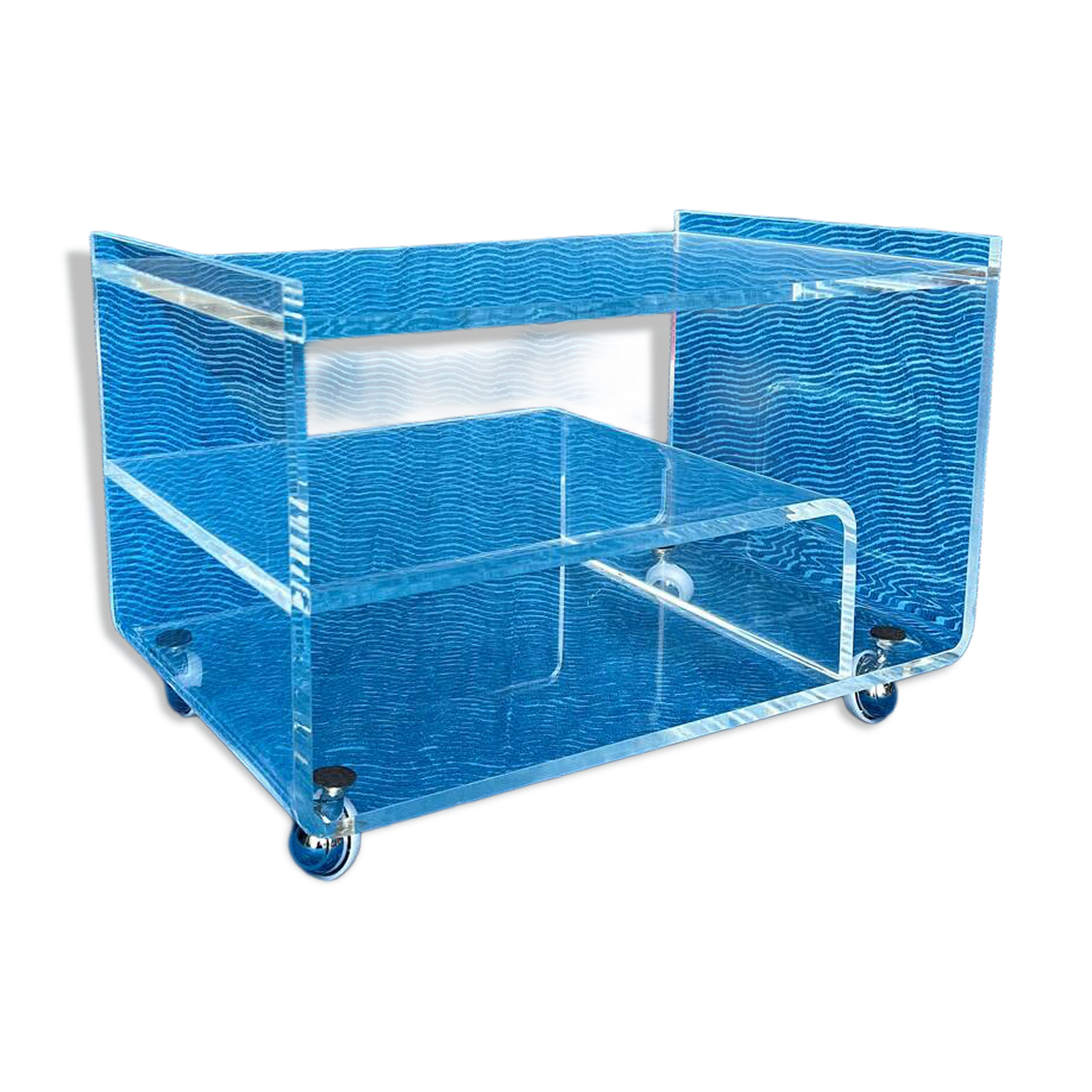 Translucent plexiglass storage drawer/cabinet on wheels.