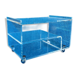 Translucent plexiglass storage drawer/cabinet on wheels.
