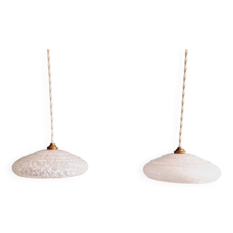 Pair of Art Deco pendant lights in white speckled glass