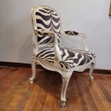 Pair of armchairs, carved and polychrome wood, printed zebra tapestry, Louis XV, circa 1790 – France