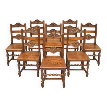 Set of 8 Rustic Chairs in Henri II Style, Carved Oak
