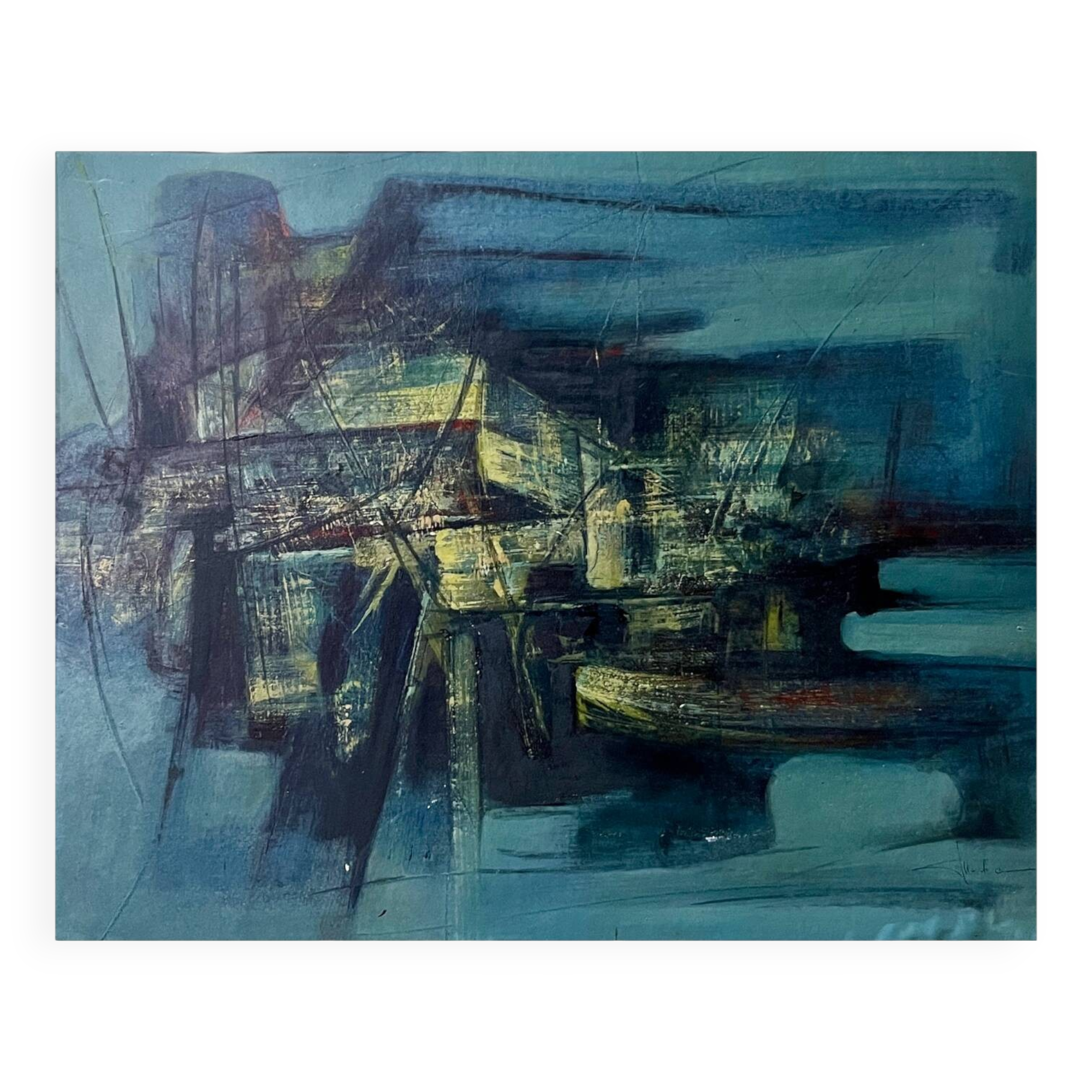 Blue abstract painting, MACKOWIAK ERWIN, Belgian painter, oil on panel, 1960