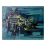 Tableau abstrait bleu, MACKOWIAK ERWIN, peintre belge, huile sur panneau, 1960