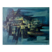 Blue abstract painting, MACKOWIAK ERWIN, Belgian painter, oil on panel, 1960