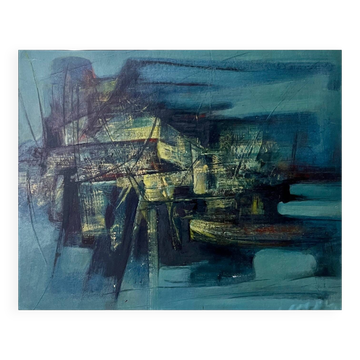 Blue abstract painting, MACKOWIAK ERWIN, Belgian painter, oil on panel, 1960