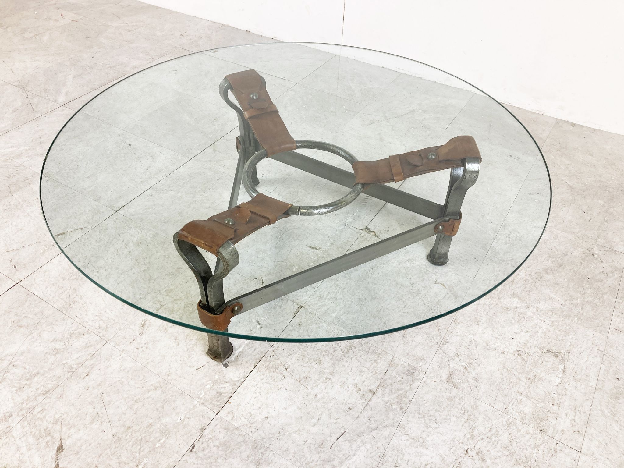 Mid century iron and leather coffee table, 1950s