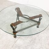 Mid century iron and leather coffee table, 1950s