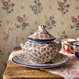 Covered sugar bowl and saucer in ceramic from Alcobaça, Portugal, vintage.