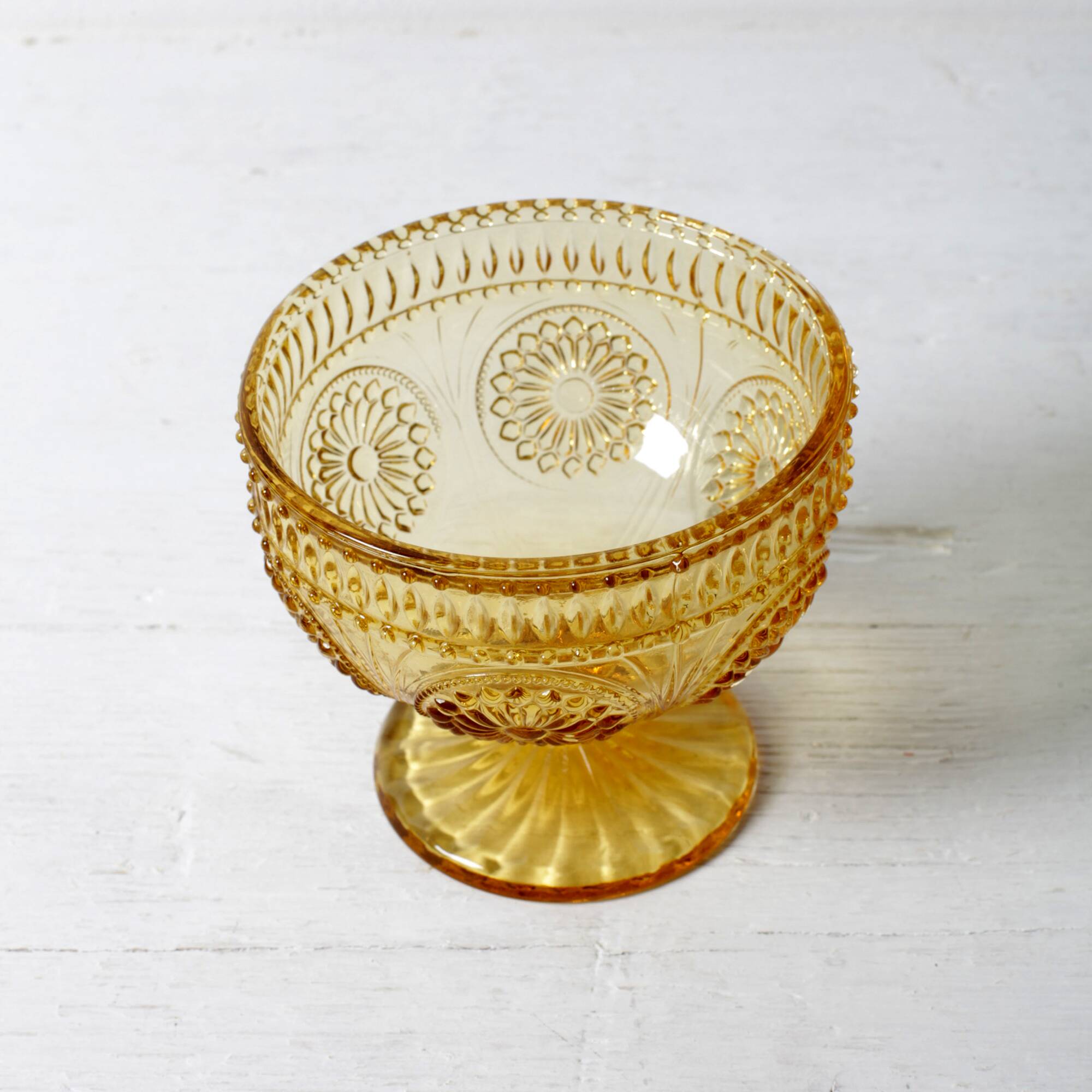 Godinger Amber Honey Pressed Glass Pedestal Bowl – Vintage USA 2000s