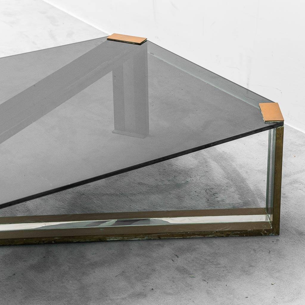 Vintage smoked glass and brass coffee table, 1970s modernism