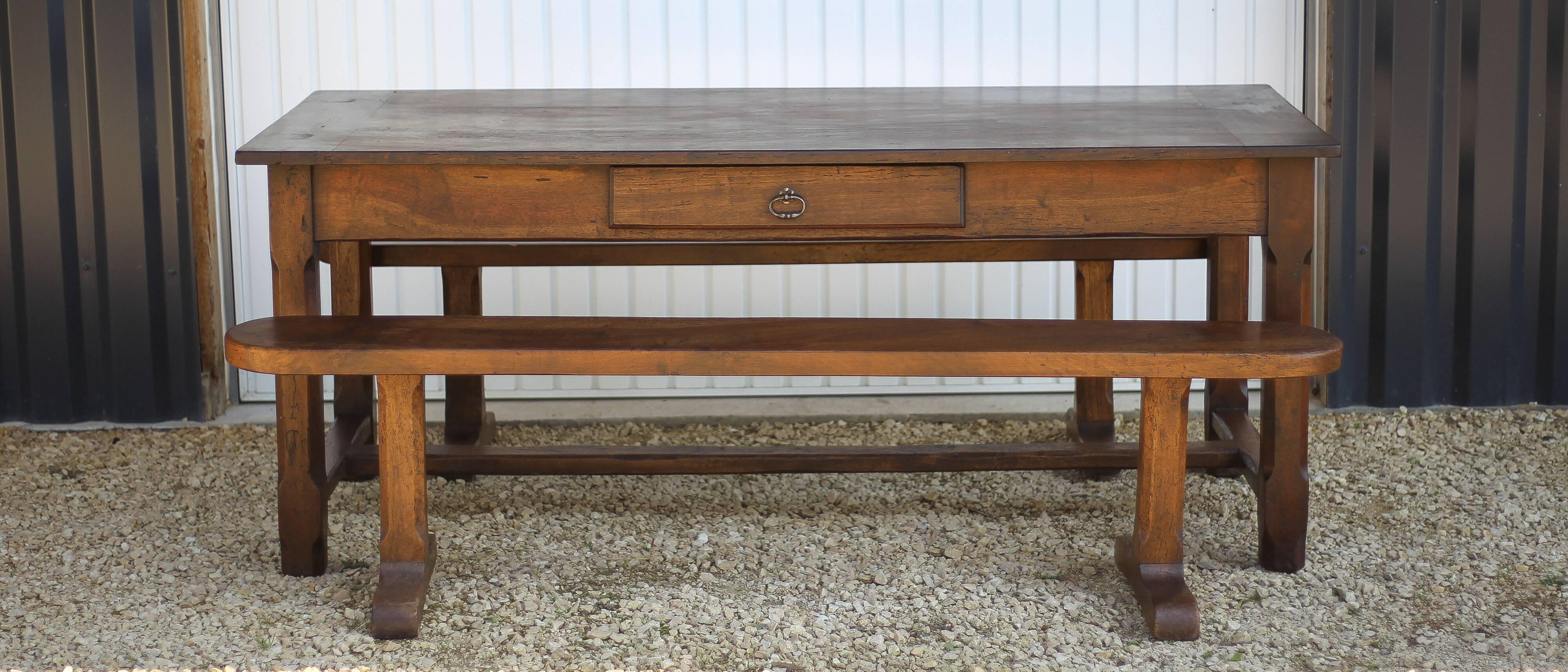 Farmhouse table and two benches, antique wooden farmhouse table, living room furniture, country style, chalet style, decor