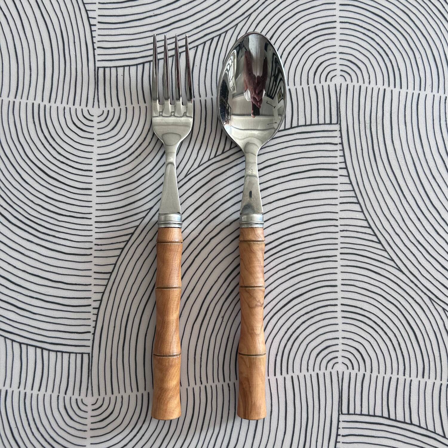 Pair of stainless steel and boxwood cutlery