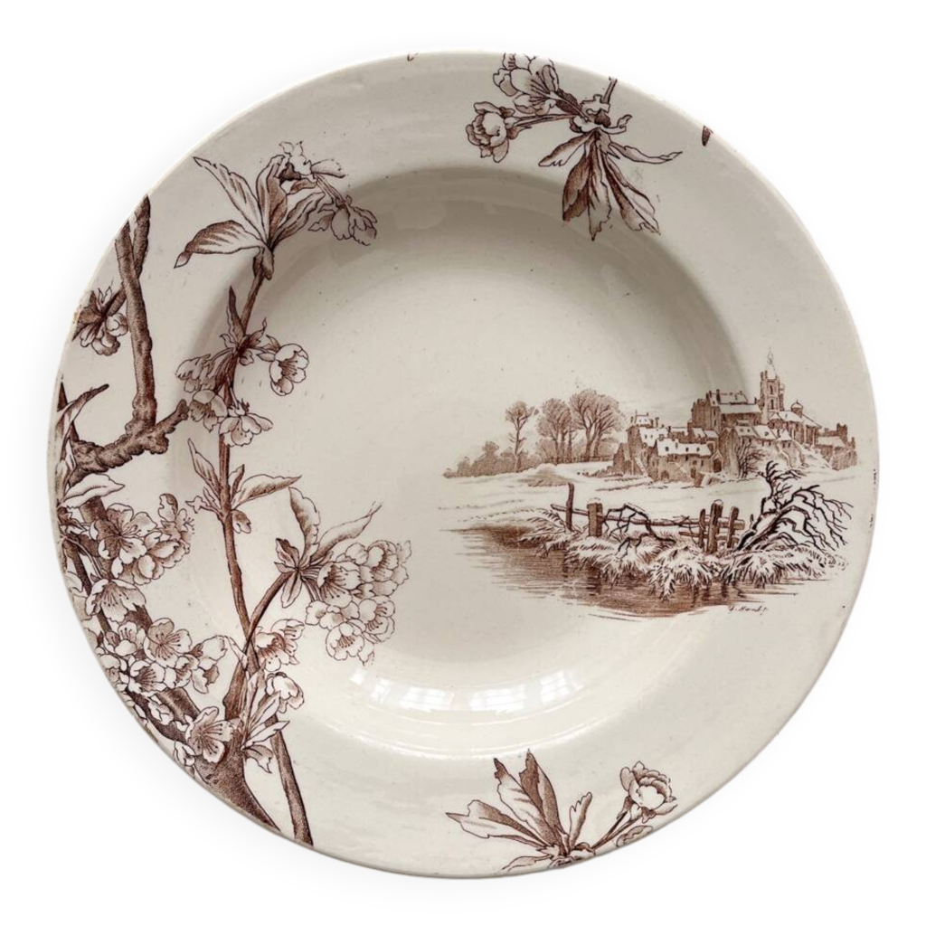 6 assiettes terre de fer Creil et Montereau modèle Flora ancien Blanc/Bleu Faïence Floral,Végétal - Vendu
