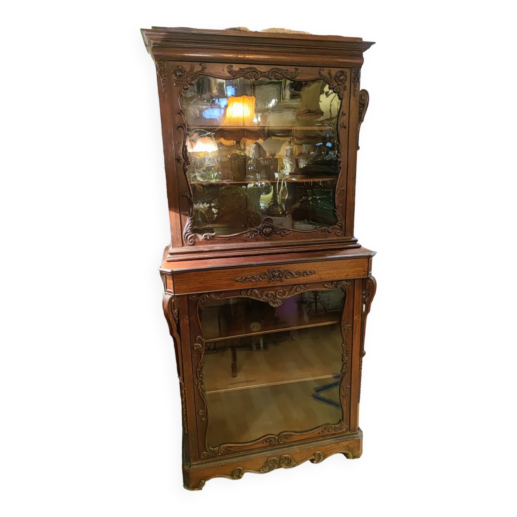 Two-part cabinet, recessed and with a glass-fronted display case, in Indian rosewood, circa 1850/60