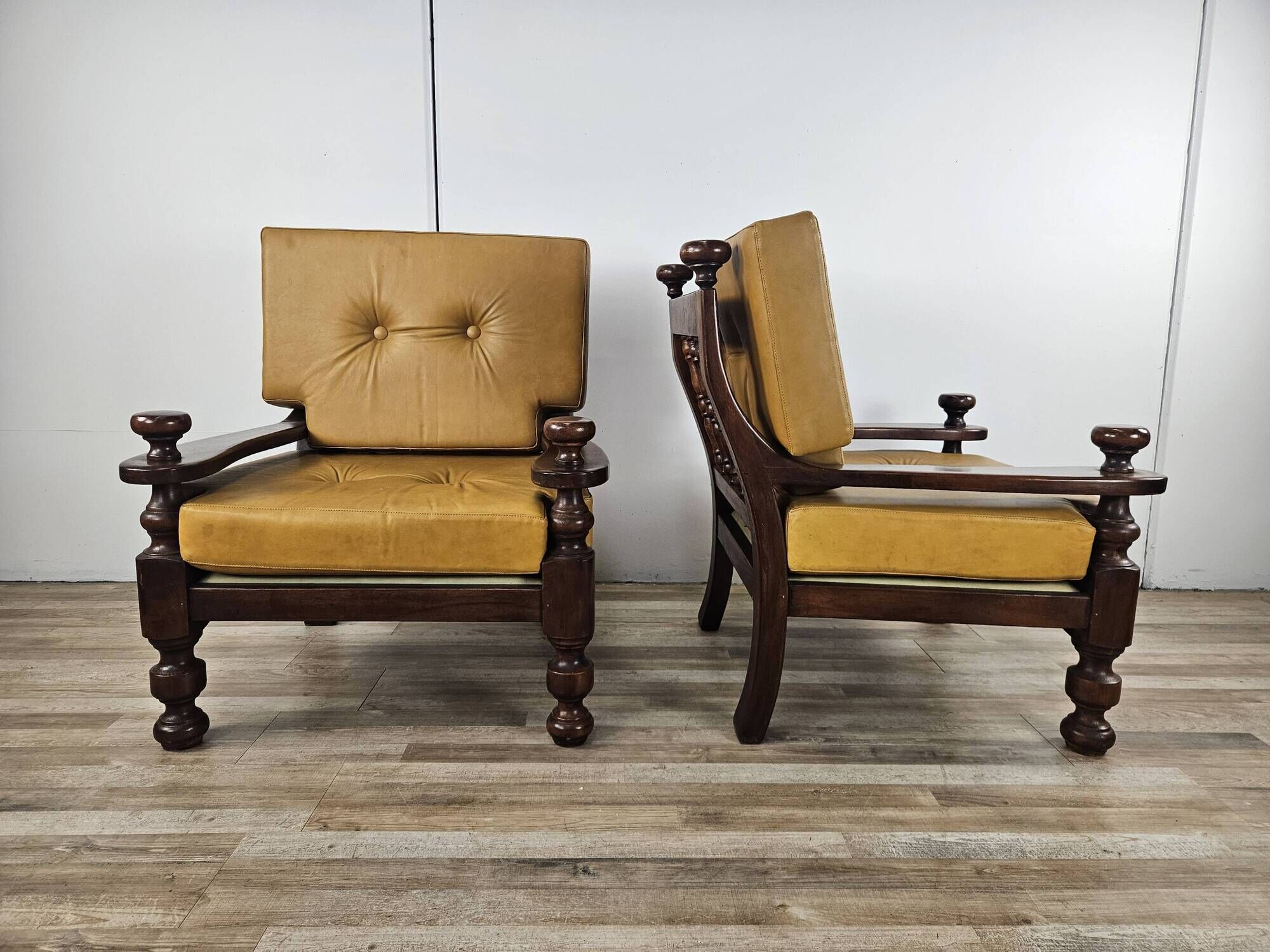 1980s leather and solid wood armchairs