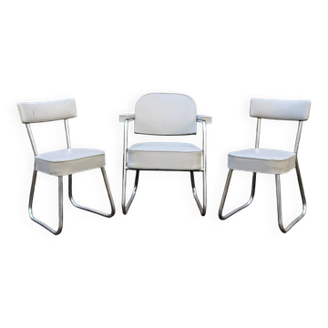 Lot de 2 chaises et 1 fauteuil années 70 en métal chromé et skai
