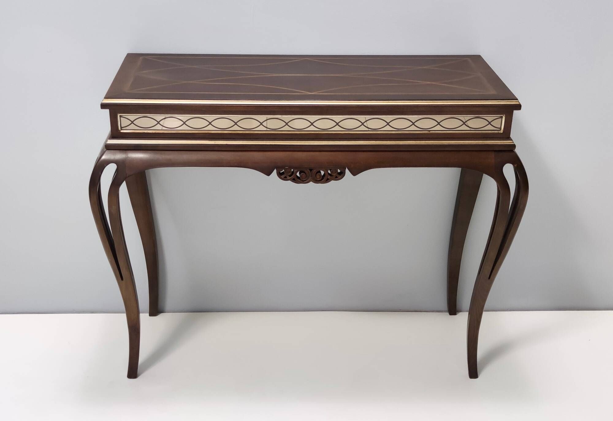 Vintage Rectangular Solid Walnut Console Table with Engraved Mirror Motif, Italy