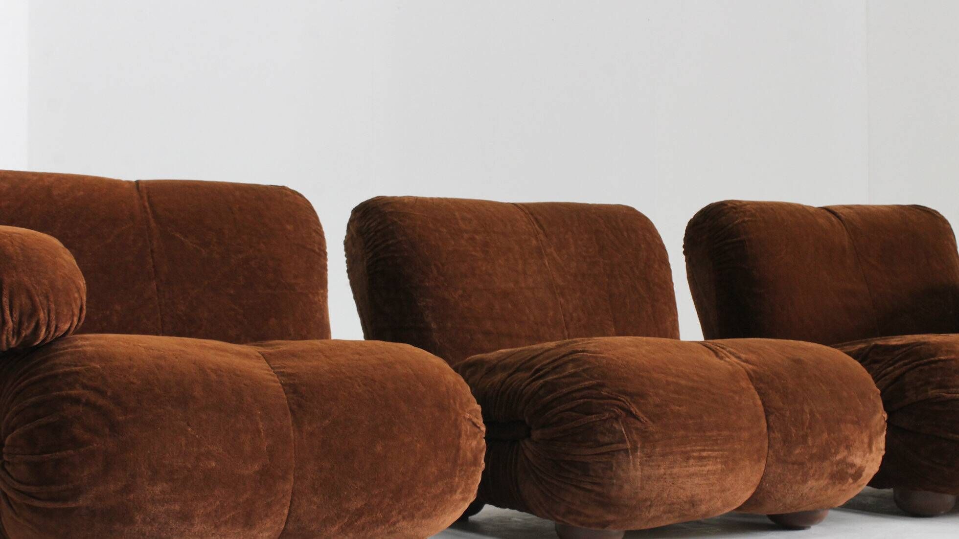 Vintage modular sofa brown velvet and chrome Italy 1970s