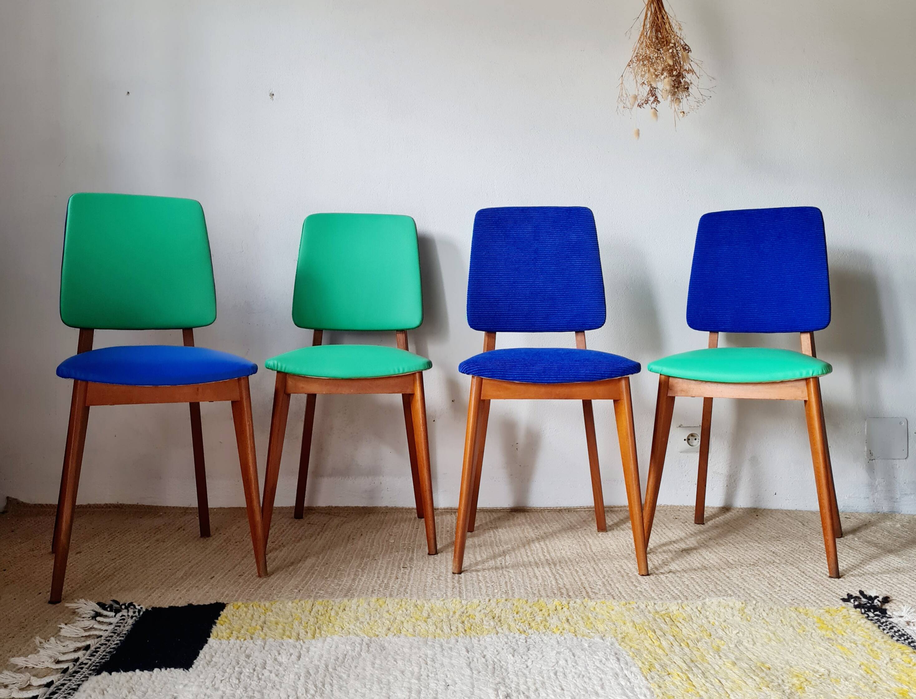 Series of velvet Scandinavian chairs - green and blue.