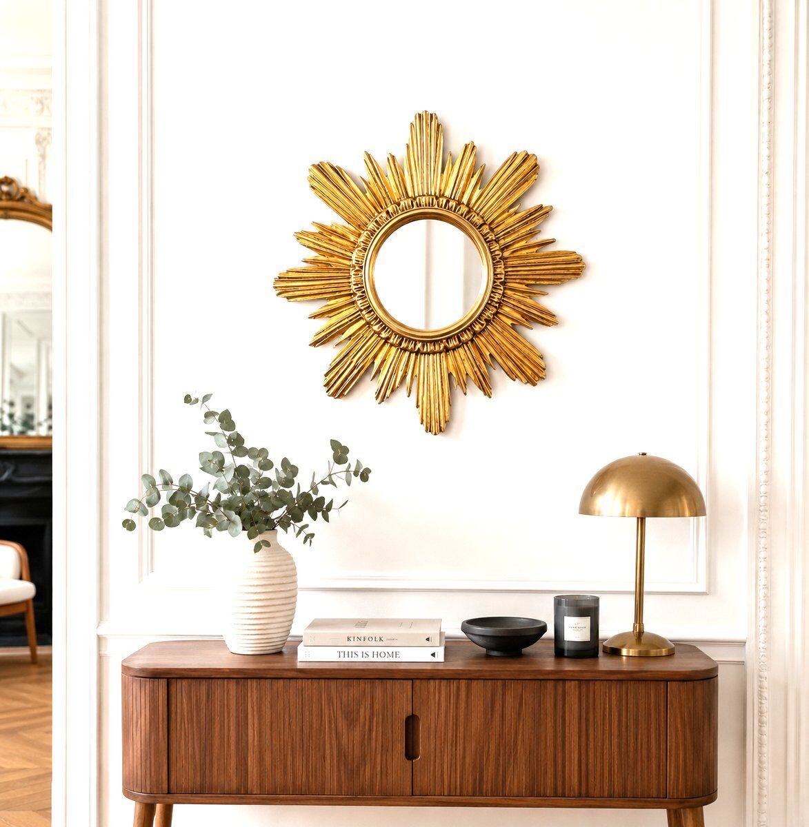 Wenz golden wood sun mirror, Germany, 1960s