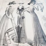 Illustration of a French fashion sketch from 1900 with certificate of authenticity