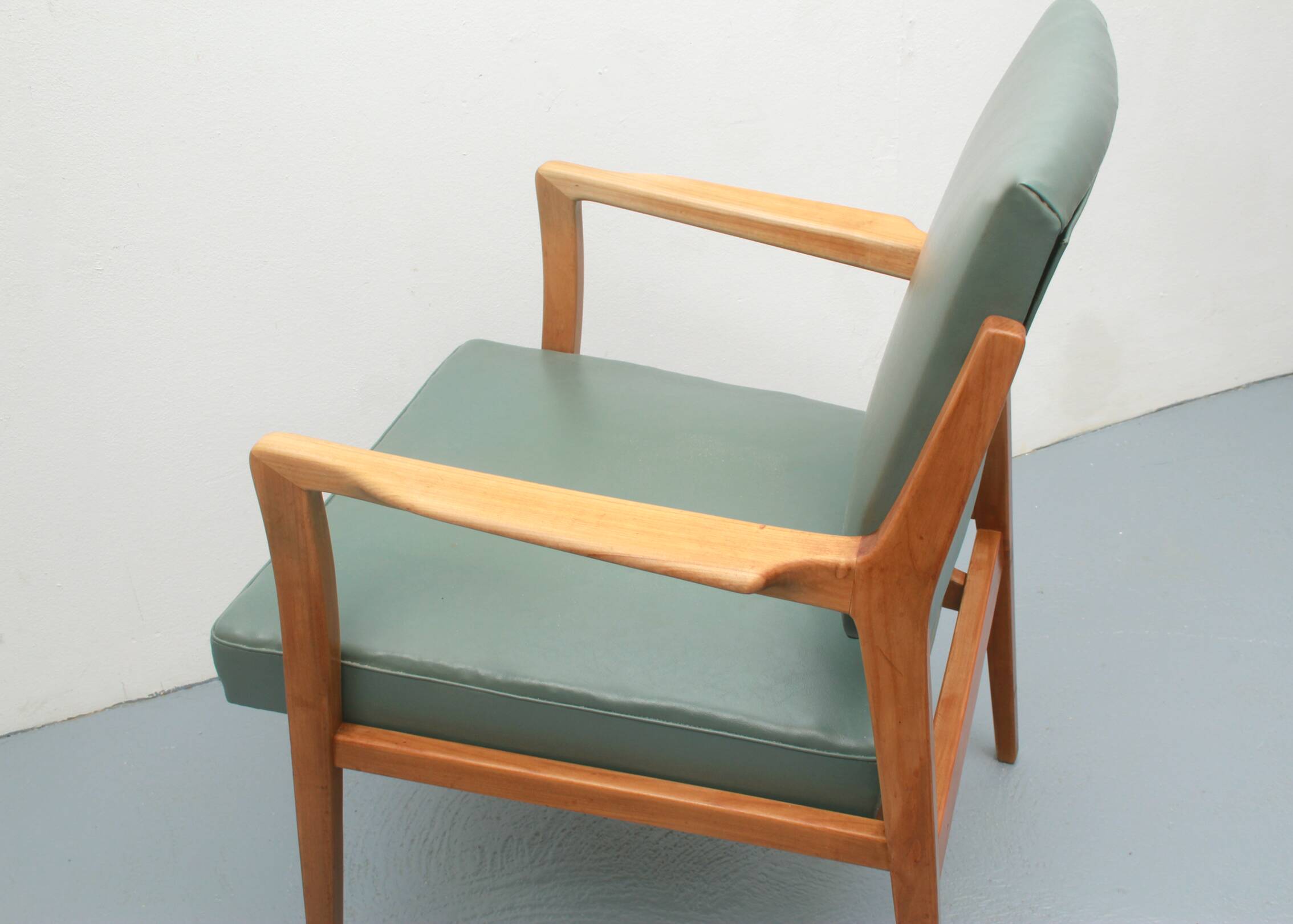 1950s armchair in cherrywood, leatherette kaki