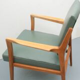 1950s armchair in cherrywood, leatherette kaki
