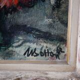 Ancienne huile sur toile, bouquet de fleurs, encadrement de style montmartre