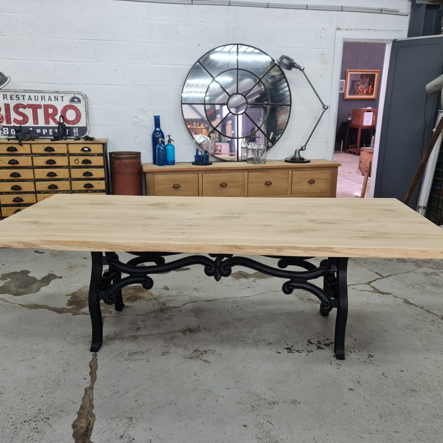 Large industrial table cast iron foot and top solid oak raw