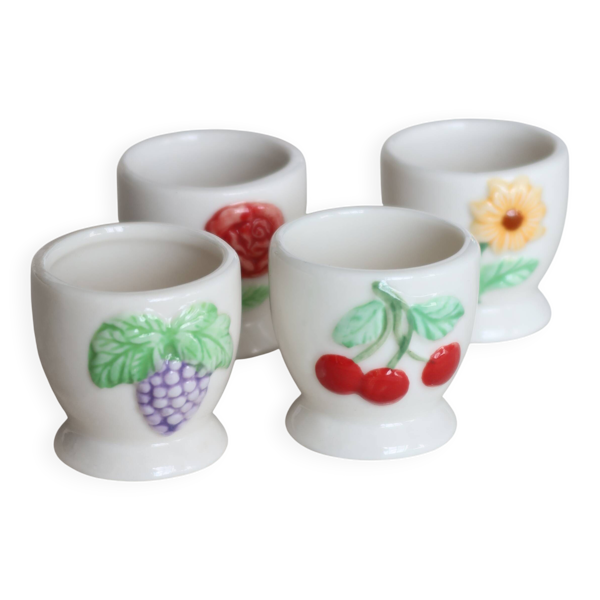 4 coquetiers vintage Afibel en porcelaine - Décor barbotine