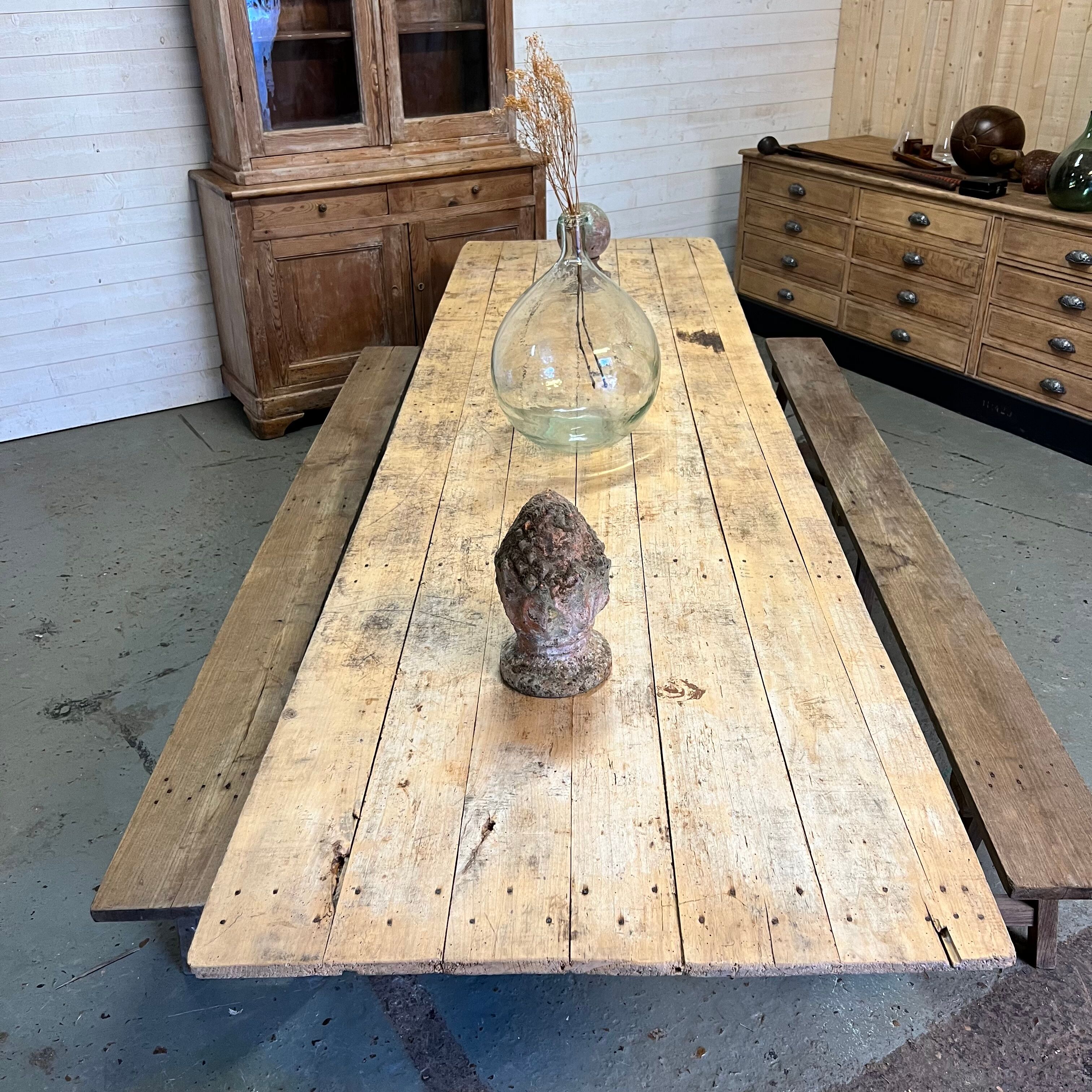 Pine guinguette table with trestles and oak bench