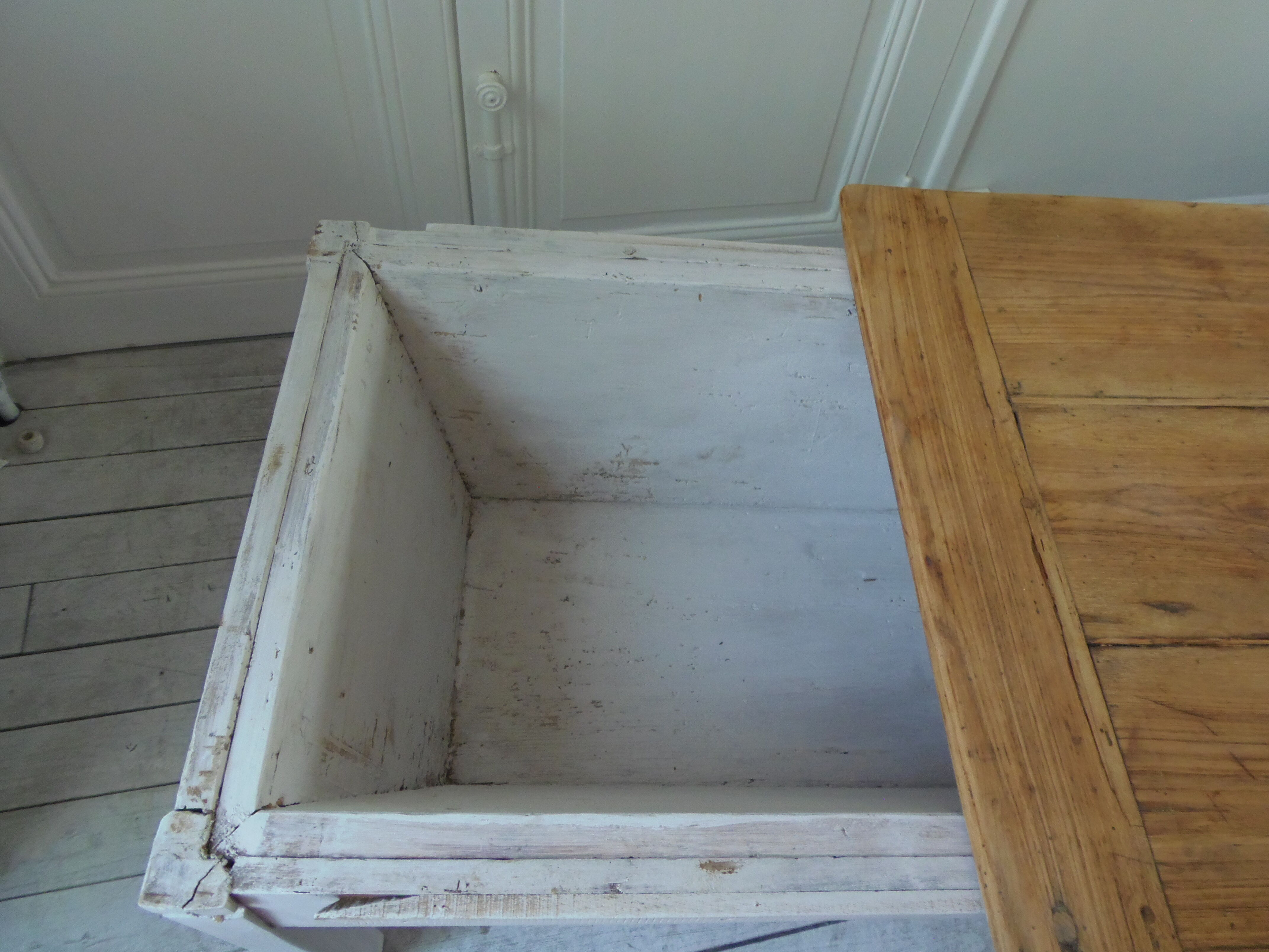 Coffee table made from an authentic farmhouse table, leg patinated pearl gray