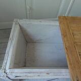 Coffee table made from an authentic farmhouse table, leg patinated pearl gray