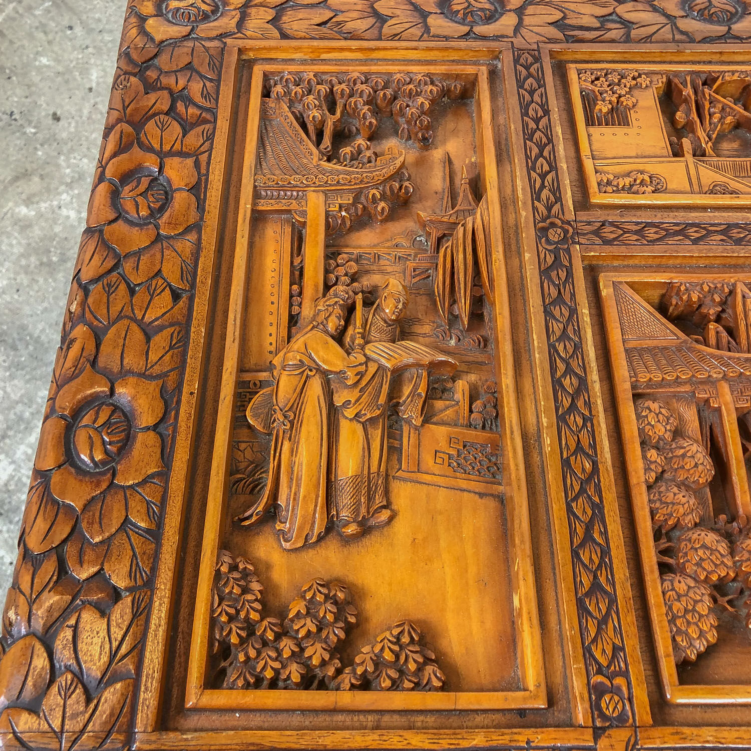 Vintage Chinese carved camphor wood chest on claw feet