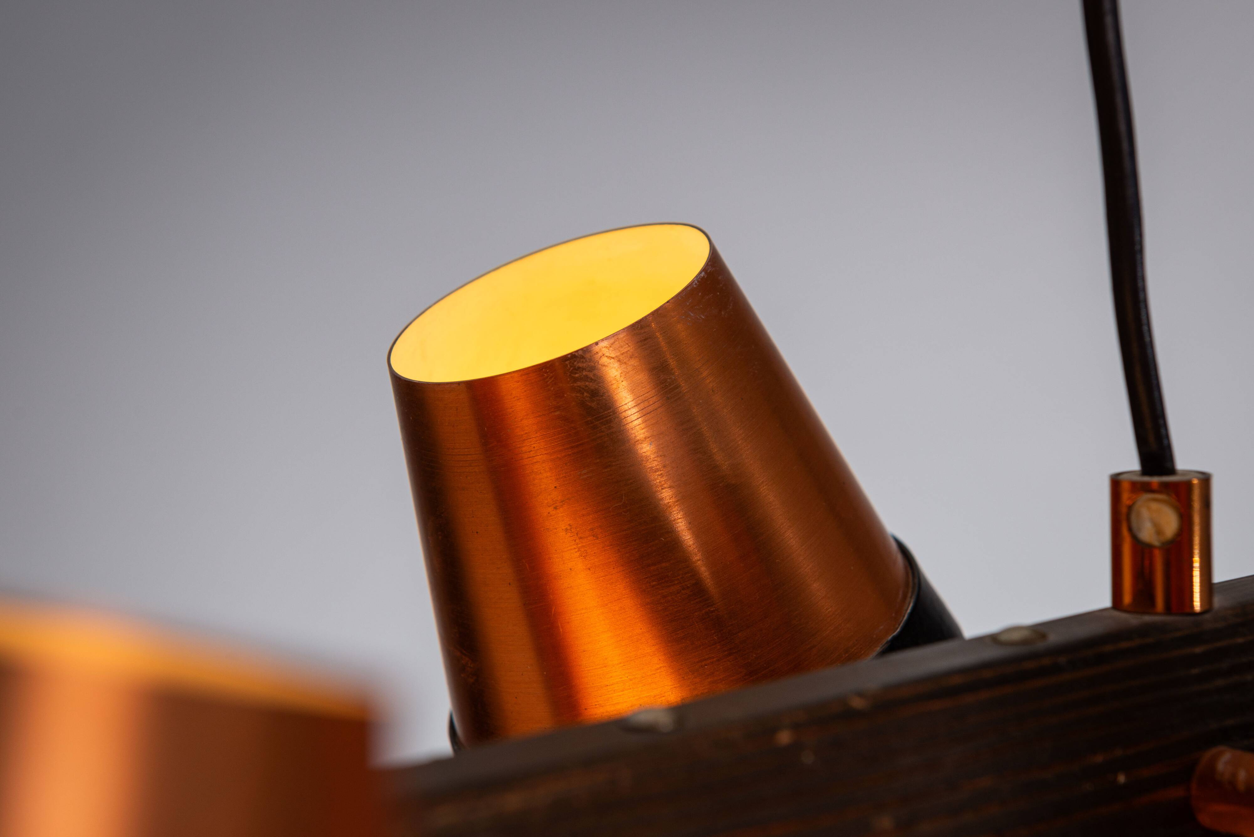 Ceiling lamp in dark stained wood with four brass shades, Sweden, 1960s