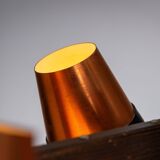 Ceiling lamp in dark stained wood with four brass shades, Sweden, 1960s